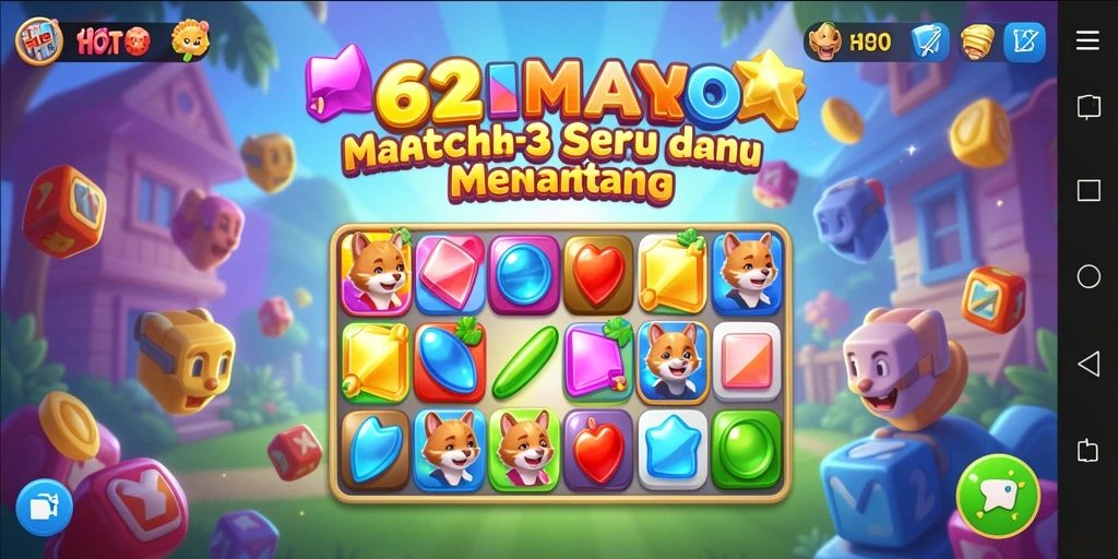 Tangkapan layar 62HOT menampilkan gameplay Match-3 yang menarik.