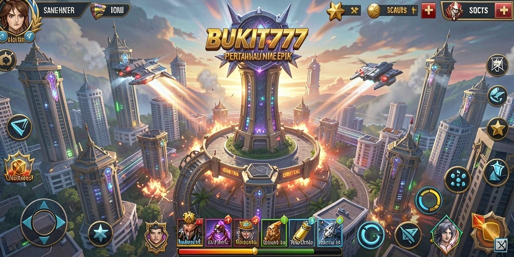 Screenshot gameplay Tower Defense dalam BUKIT777 yang menunjukkan pertahanan menara.