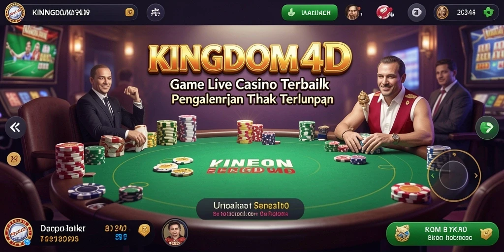 Screenshot dari gameplay KINGDOM4D, menunjukkan dealer dan pemain di meja kasino.