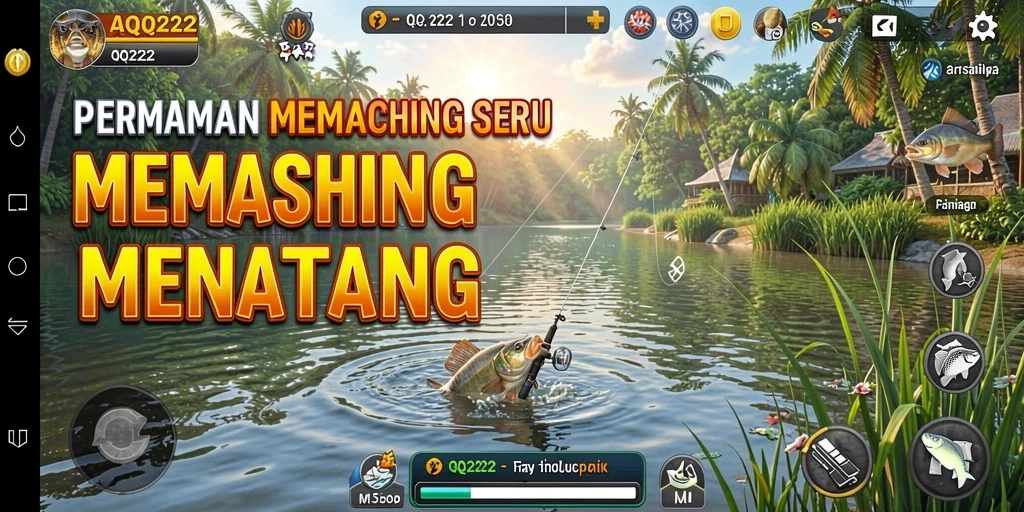 Tampilan gameplay QQ222 saat menangkap ikan di danau yang indah.