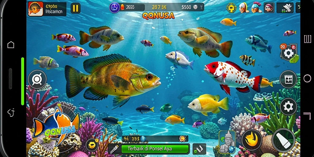 Gameplay seru dalam QQNUSA dengan penembakan ikan yang menantang.