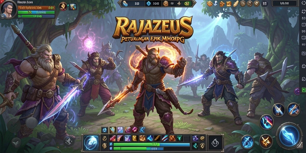 Gameplay RAJAZEUS menampilkan pertarungan epik dalam dunia fantasi.
