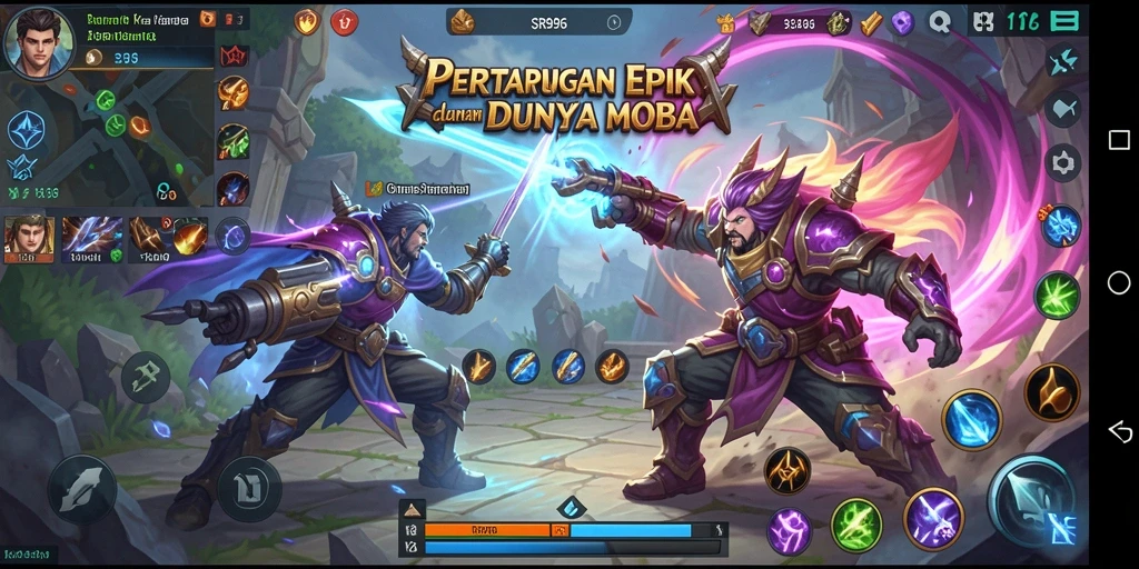 Tampilan gameplay MOBA yang seru dengan strategi tim yang intens.