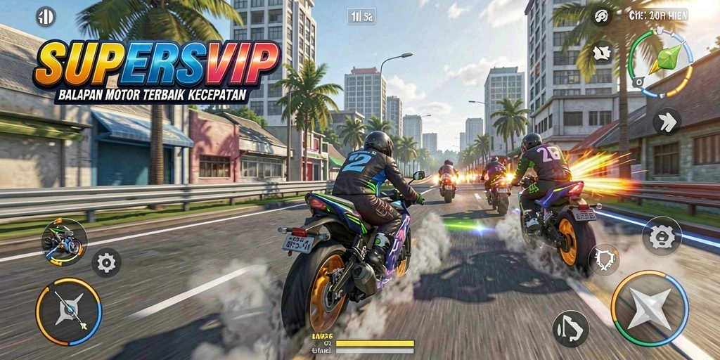 Tangkapan layar gameplay SUPERSVIP yang menampilkan aksi balapan motor seru.
